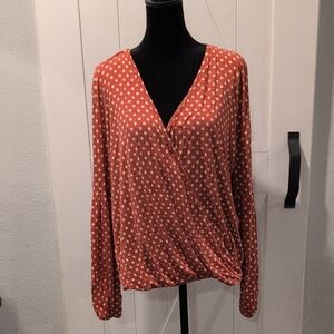 My Amelia James Rust Polka Dot Long Sleeve Surplice Blouse, XL